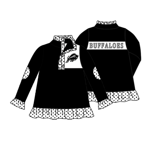 Split Preorder July 21th Baby Girls Team Black Long Ruffle Sleeves Buffaloes Button Pullovers Top