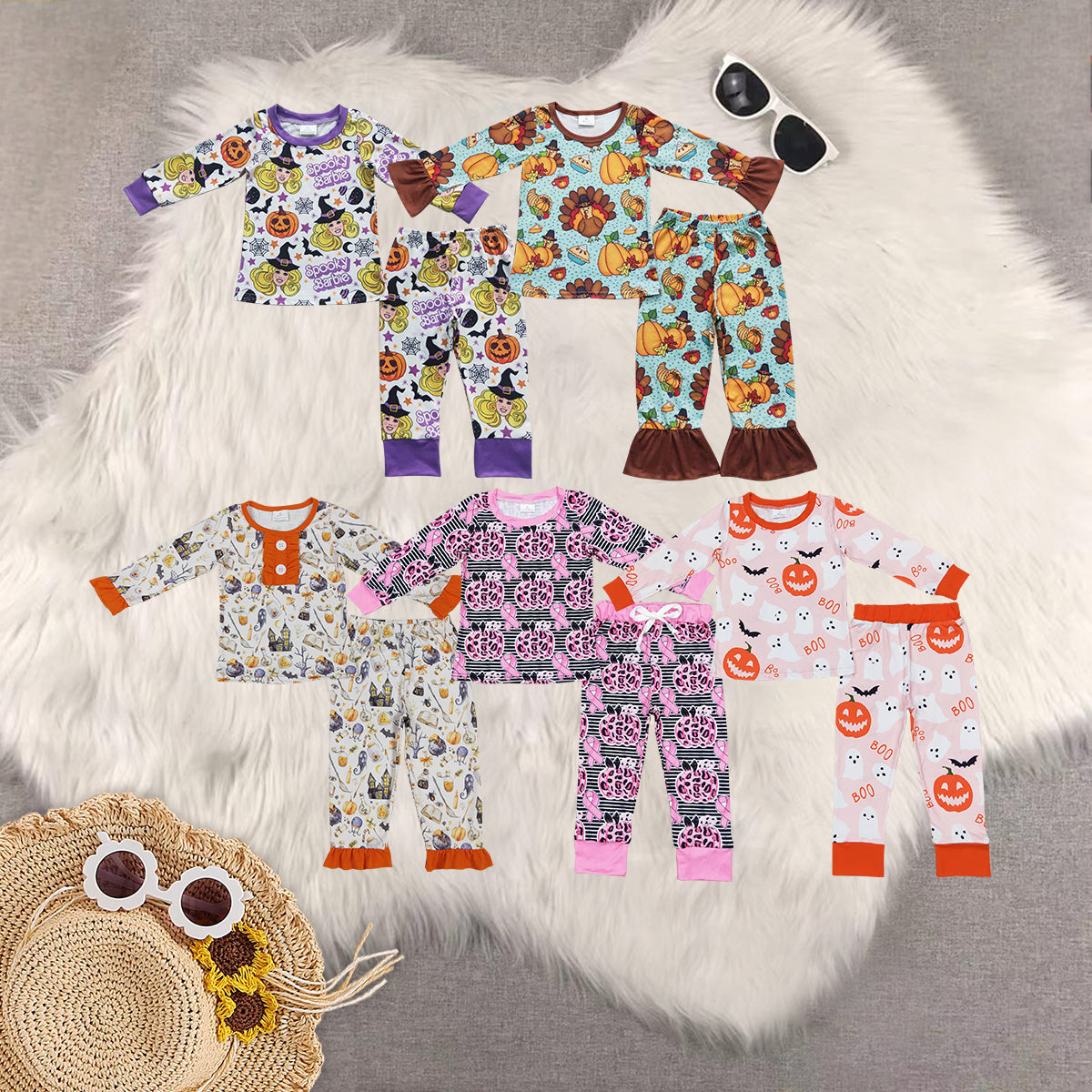 Sibling Baby Girls Long Sleeves Halloween Ghost Pumpkins Top Pant Pajamas Clothes Set