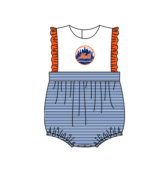 Preorder (moq 5)Baby Girls Sleeveless New York Mets Stripe Team Ruffle Rompers