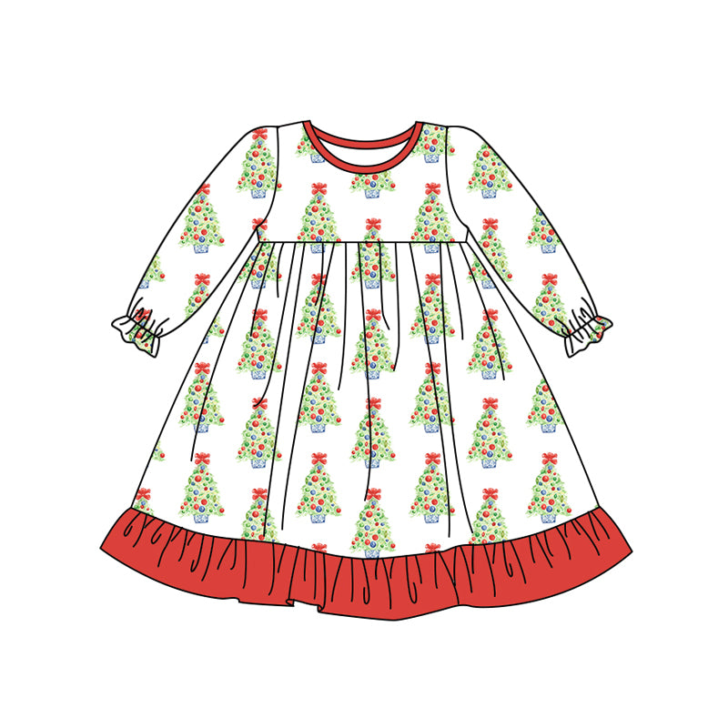 Preorder (moq 5)Baby Girls Long Ruffle Sleeves Bow Trees Knee Length Dresses