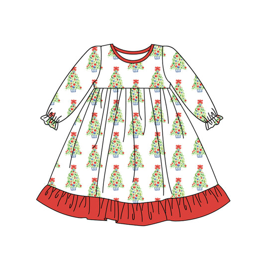 Preorder (moq 5)Baby Girls Long Ruffle Sleeves Bow Trees Knee Length Dresses