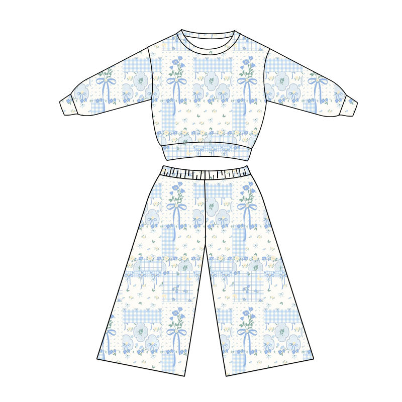 Preorder(moq 5) Baby Girls Blue Flowers Bows Checked Top Flare Clothes Sets