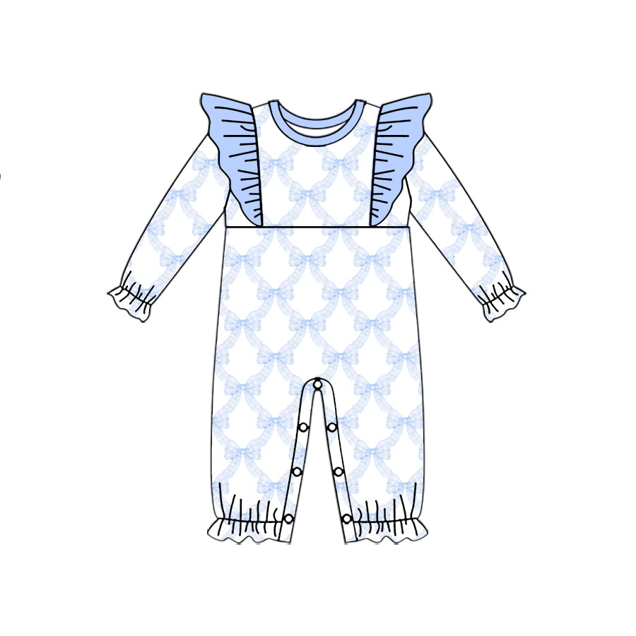 Preorder (moq 5)Baby Girls Long Ruffle Sleeves Blue Bows Plaid Rompers