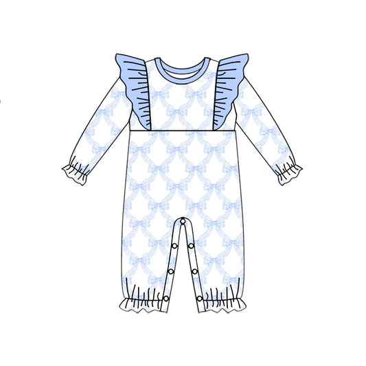 Preorder (moq 5)Baby Girls Long Ruffle Sleeves Blue Bows Plaid Rompers