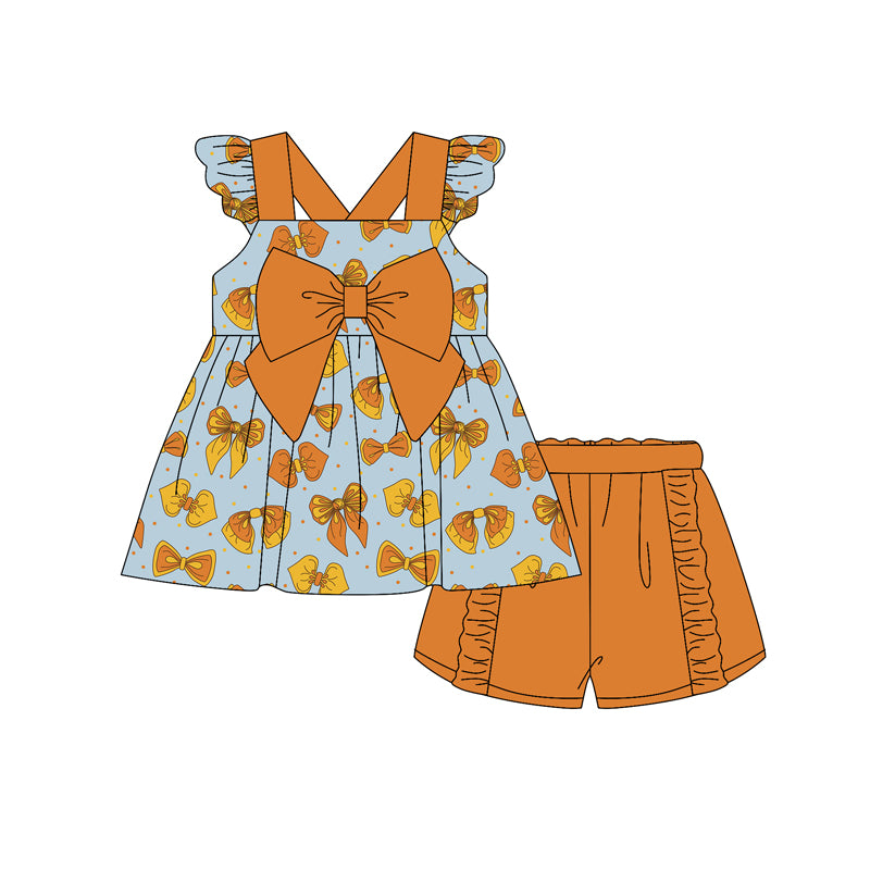 Preorder moq 5 Baby Girls Flutter Sleeves Orange Bows Tunic Ruffle Short Set