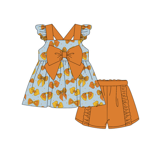 Preorder moq 5 Baby Girls Flutter Sleeves Orange Bows Tunic Ruffle Short Set