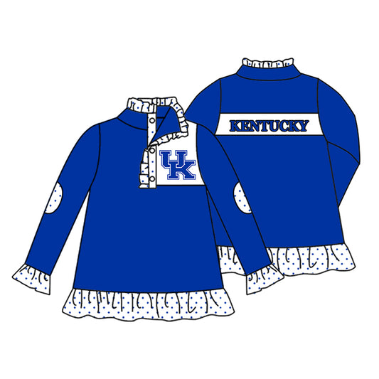 Preorder (moq 5)Baby Girls Hot Blue Long Sleeve Kentucky Button Ruffle Team Pullovers Top