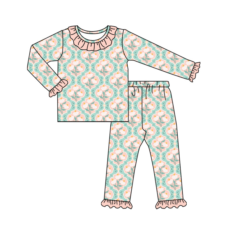 Preorder (moq 5)Baby Girls Colorful Flowers Checked Top Ruffle Pants Pajamas Sets