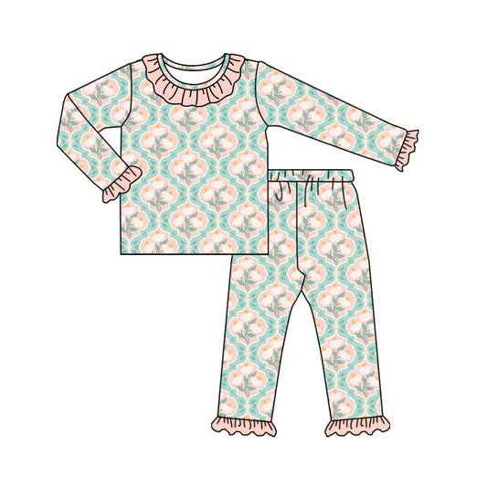 Preorder (moq 5)Baby Girls Colorful Flowers Checked Top Ruffle Pants Pajamas Sets