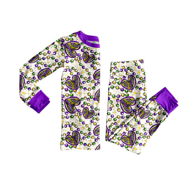 Preorder (moq 5)Baby Girls Leopard Hearts Checked Top Pants Mardigras Pajamas Sets