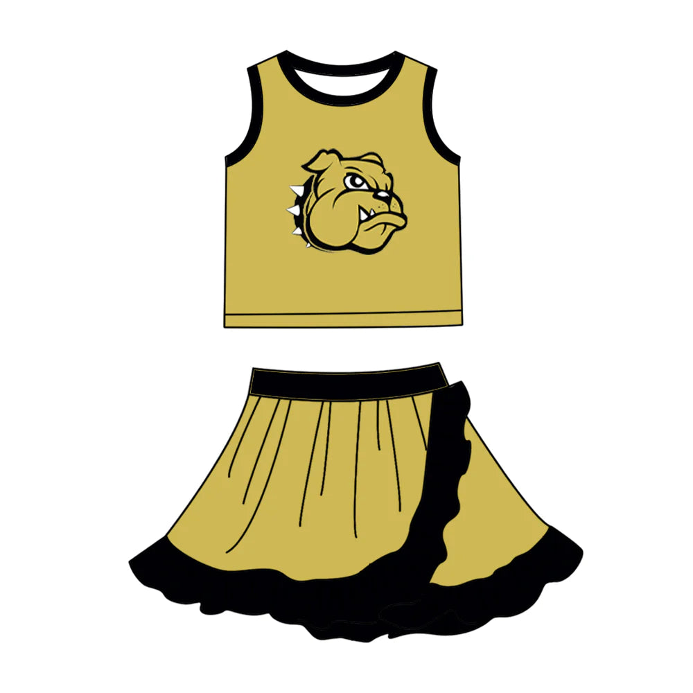 Preorder (moq 5)Baby Girls Gold Bulldogs Vest Top Ruffle Skirt Short Team Clothes Sets