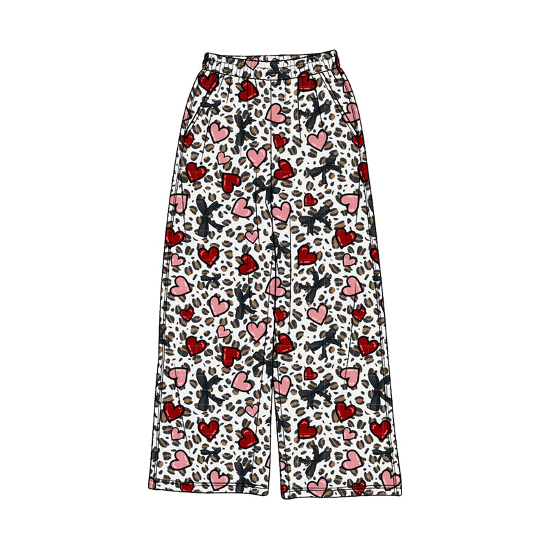 Pre-order(moq5) Girls’ Fall Heart & Bow Print Wide-Leg Pants, Elastic-Waist Casual Straight-Leg Long Trousers