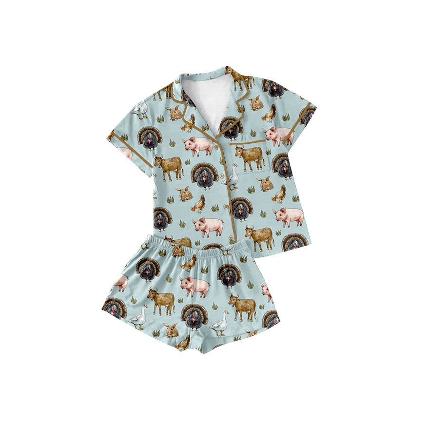 Preorder (moq 5)Baby Girls Farm Chicken Lapel Button Shirt Top Shorts Pajamas Outfits