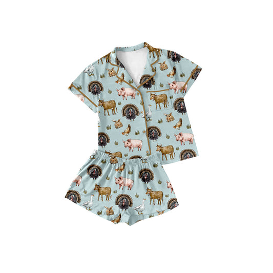 Preorder (moq 5)Baby Girls Farm Chicken Lapel Button Shirt Top Shorts Pajamas Outfits