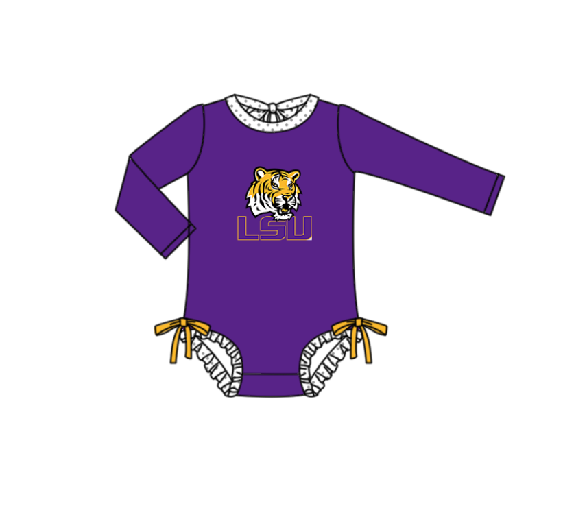 Preorder moq 5 Baby Girls Purple Long Sleeve LSU Tigers Team Swimsuits