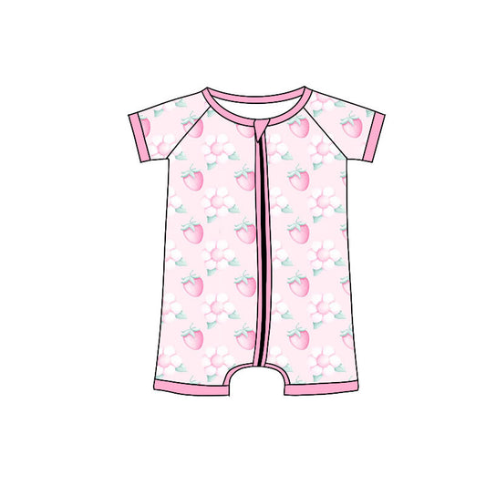 Preorder (moq 5)Baby Girls Short Sleeve Pink Flowers Strawberry Zipper Rompers