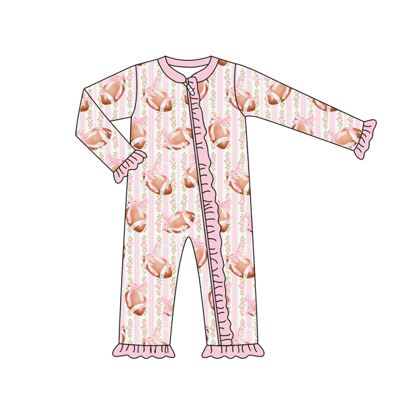 Preorder (moq 5)Baby Girls Long Sleeves Pink Bows Footballs Stripe Ruffle Zipper Romper