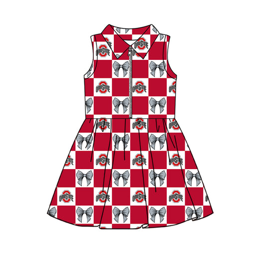 Preorder (moq 5) Baby Girls Sleeveless Bows Ohio State Checked Team Zip Knee Length Dress