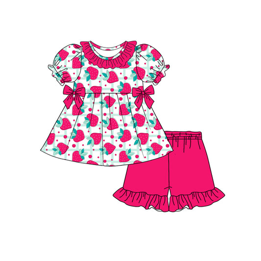 Preorder moq 5 Baby Girls Short Ruffle Sleeves Strawberry Tunic Hot Pink Ruffle Short Set