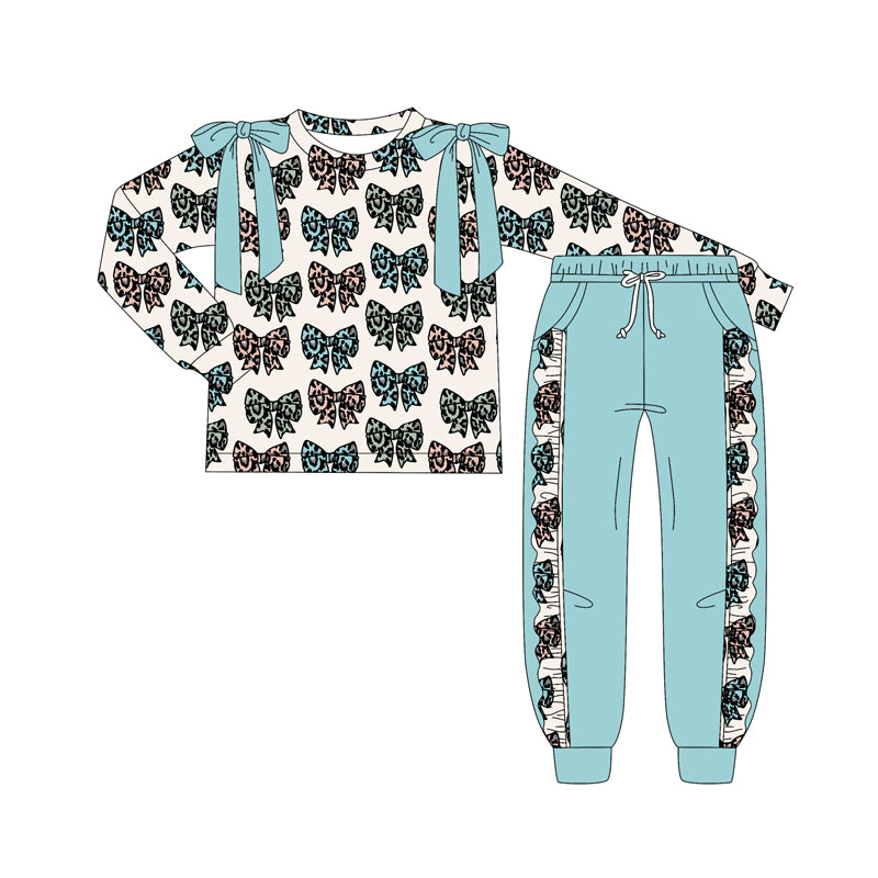 Preorder (moq 5)Baby Girls Long Sleeves Leopard Bows Plaid Top Pockets Pant Clothes Set
