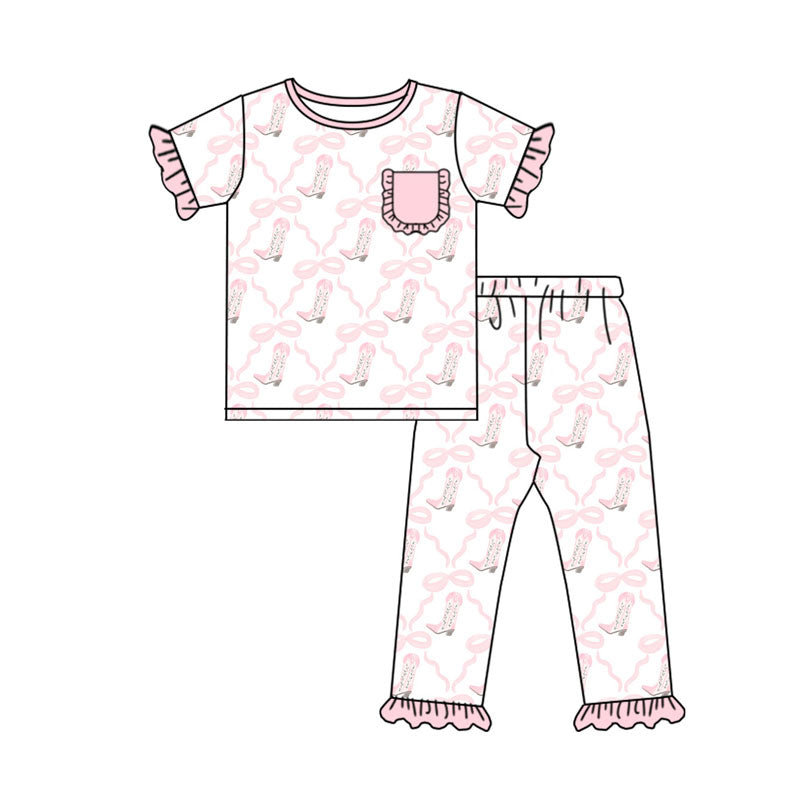 Preorder(moq 5) Baby Girls Pink Bows Boots Checked Pockets Top Ruffle Pant Pajamas Sets