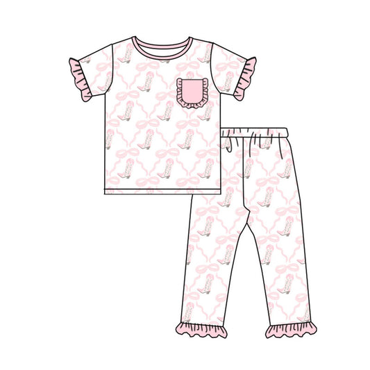 Preorder(moq 5) Baby Girls Pink Bows Boots Checked Pockets Top Ruffle Pant Pajamas Sets