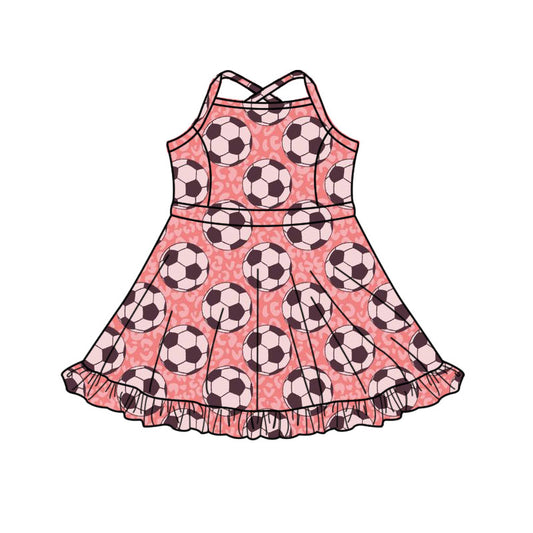 Preorder(moq 5) Baby Girls Strap Leopard Footballs Team Shorts Ruffle Knee Length Dress