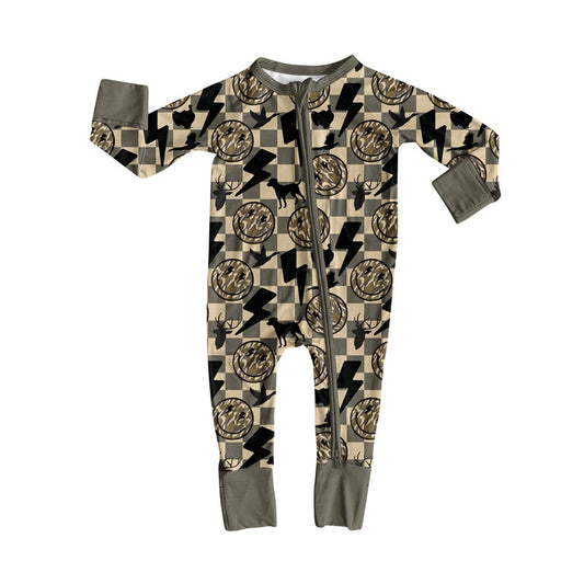 Preorder(moq 8)Baby Boys Checked Smiles Hunting Zipper Footie Rompers