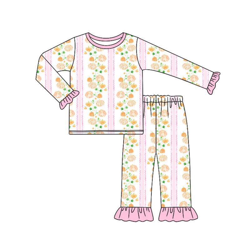Preorder (moq 5)Baby Girls Long Ruffle Sleeves Pink Pumpkins Stripe Top Pant Pajamas Set
