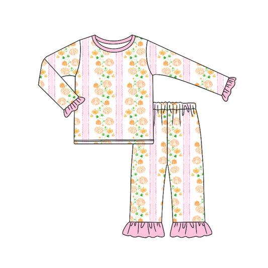Preorder (moq 5)Baby Girls Long Ruffle Sleeves Pink Pumpkins Stripe Top Pant Pajamas Set