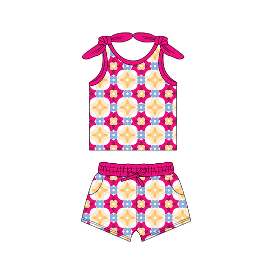 Preorder moq 5 Baby Girls Bows Sleeveless Flowers Plaid Top Pockets Short Set