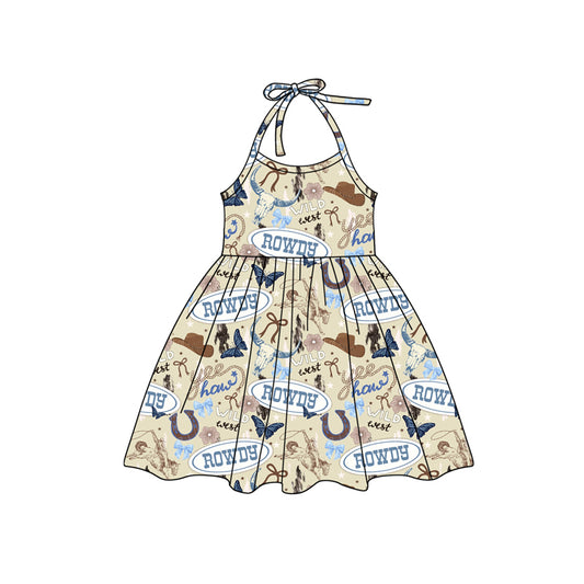 Preorder (moq 5)Baby Girls Blue Strap Hats Bull Skull Knee Length Dresses