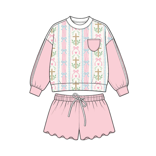 Preorder (moq 5) Girls’ All-Over Bow & Leaf Print Cropped Sweatshirt & Wavy Ruffle Shorts 2-Piece Sweet Pink Set