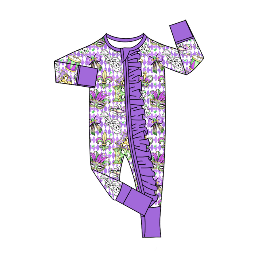 Preorder (moq 5) Baby Girls Mardigras Masks Two Way Ruffle Zip Convertible Rompers