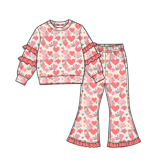Preorder (moq 5) Baby Girl Clothes Peach Heart Floral Allover Print Long Sleeve Tiered Ruffle Top Ruffle Flare Pant Set