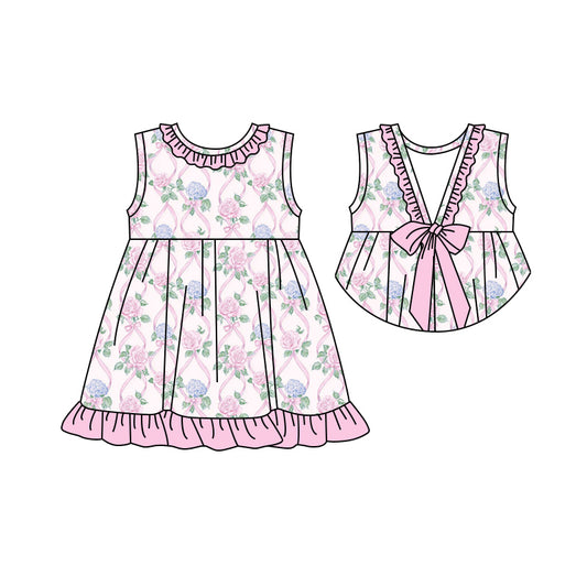 Preorder (moq 5)Baby Girls Sleeveless Pink Bows Flowers Plaid Knee Length Dress