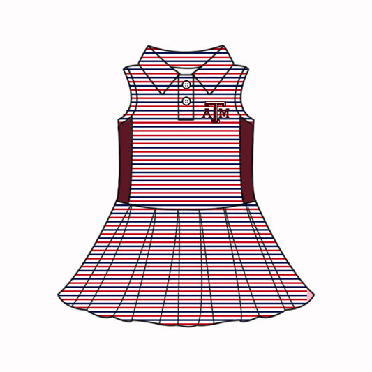 Preorder (moq 5)Baby Girls Sleeveless Dark Red Stripe Button ATM Team Knee Length Dresses