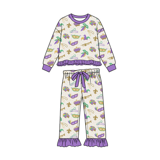 Preorder (moq 5) Baby Girl Clothes Mardi Gras Mask Crown Print Long Sleeve Ruffle Top Straight Pant Set