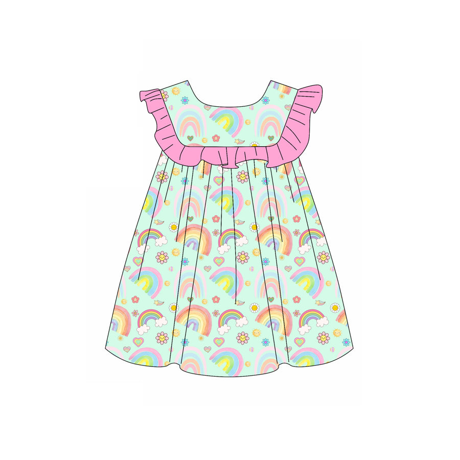 Preorder (moq 5)Baby Girls Rainbow Flower Hearts Valentines Knee Length Dresses