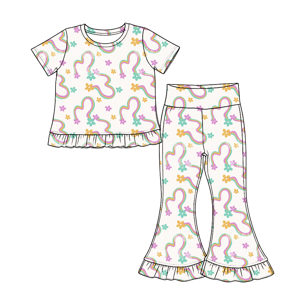 Preorder(moq 5) Girls Ruffle Short Sleeve Top & Ruffle Flare Pants Set Kids Two‑Piece Casual Outfit Set