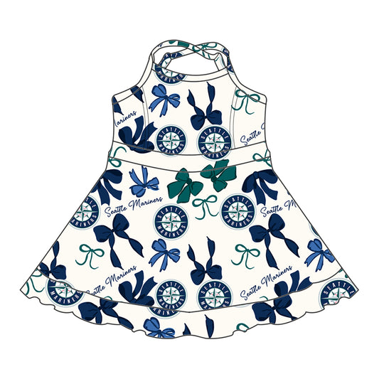 Preorder (moq 5)Baby Girls Green Strap Bows Plaid Seattle Mariners Short Ruffle Team Knee Length Dresses
