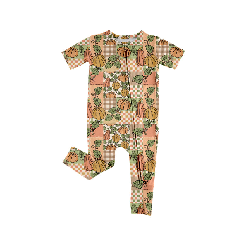 Preorder (moq 5)Baby Girls Short Sleeves Pumpkins Plaid Zipper Pant Rompers