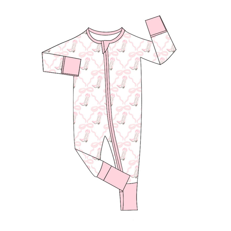Preorder (moq 5)Baby Boys Pink Bows Boots Checked Zipper Footie Rompers