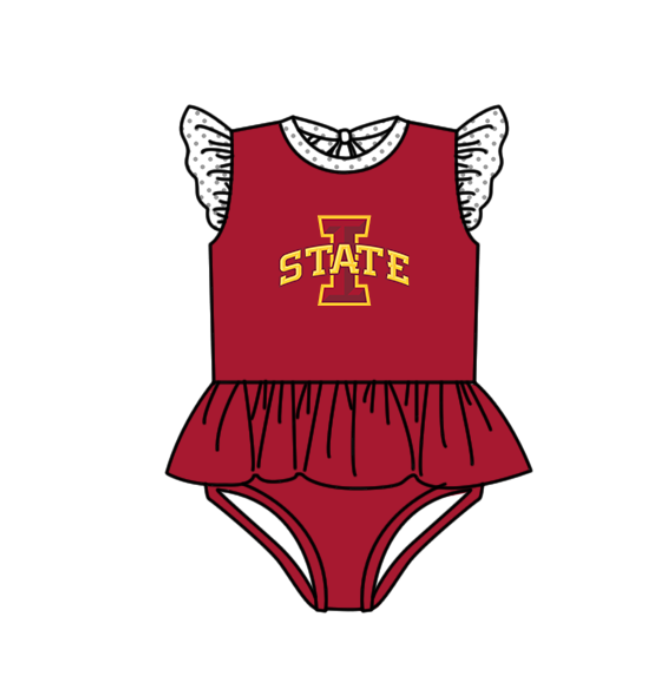 Preorder moq 5 Baby Girls Red Flutter Sleeve I State Team Swimsuits