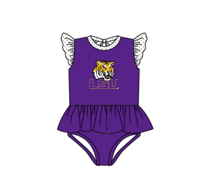 Preorder moq 5 Baby Girls Purple Flutter Sleeve LSU Tiger Team Swimsuits