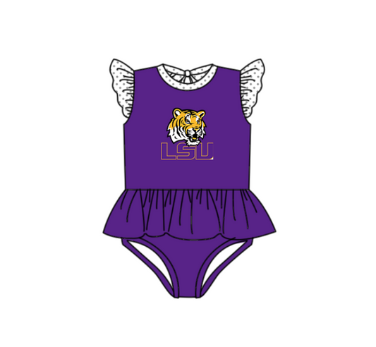 Preorder moq 5 Baby Girls Purple Flutter Sleeve LSU Tiger Team Swimsuits