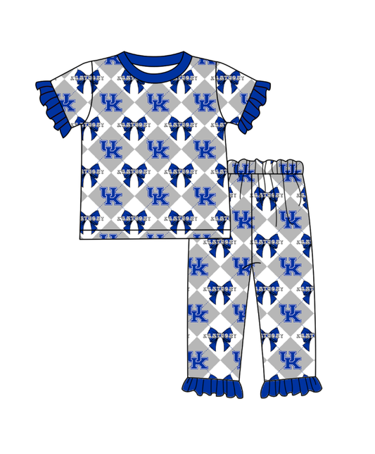 Preorder (moq 5)Baby Girls Team Bows Checked Top Ruffle Pant Clothes Sets