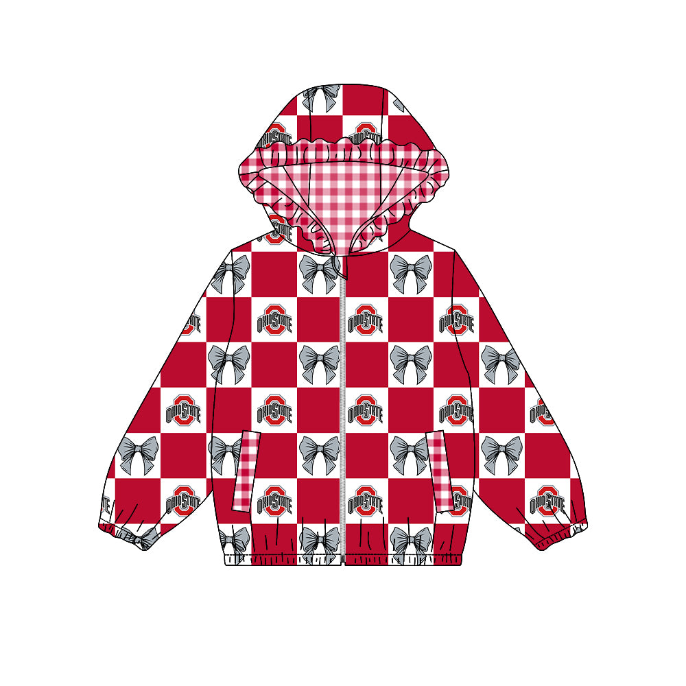 Preorder (moq 5) Baby Girls Bows Ohio State Checked Team Ruffle Hoodie Tops