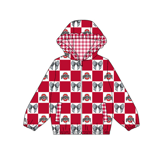 Preorder (moq 5) Baby Girls Bows Ohio State Checked Team Ruffle Hoodie Tops