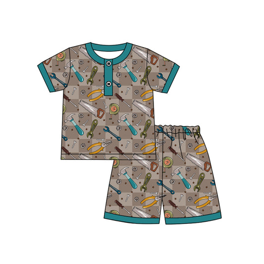Preorder moq 5 Baby Boys Short Sleeves Daddy's Tools Button Top Shorts Pajamas Set